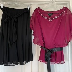 Ladies 2 pc Chiffon Overlay Top  with Cape Sleeves & Skirt Sz Med